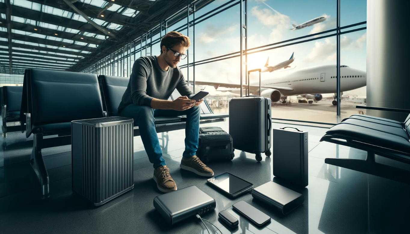 Traveler using Infenergy portable charger at an airport