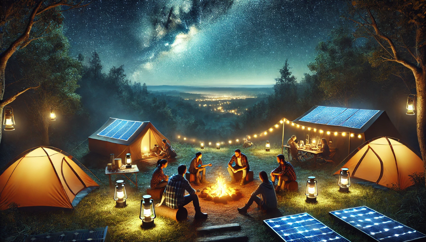 Campers using Infenergy solar-powered lights during an outdoor adventure