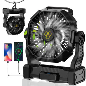 3-in-1 Portable Camping Fan with 12000mAh Battery, LED Light & Power Bank